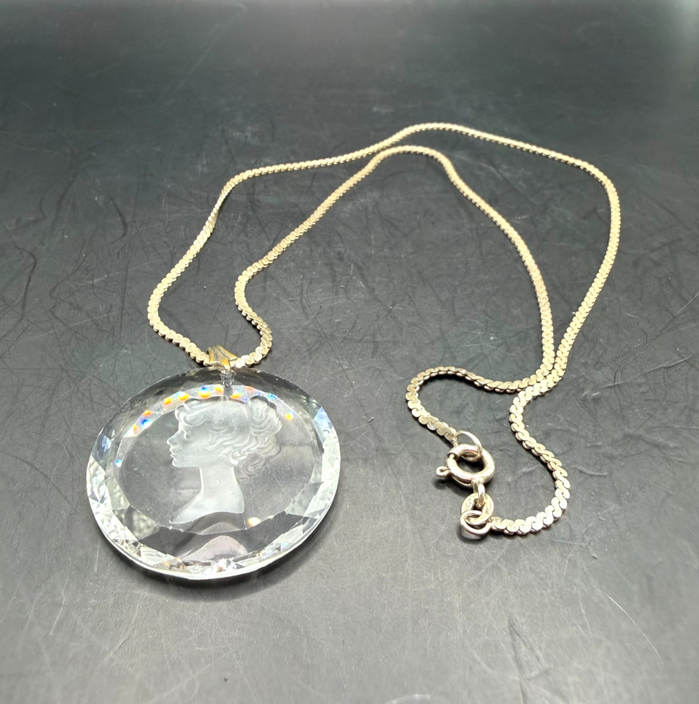 Vintage NZ 925 Sterling Silver Crystal Cameo Pendant Necklace Intaglio Lady